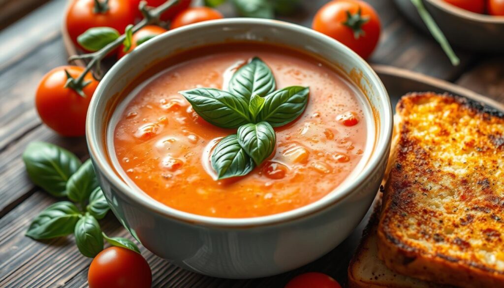 Creamy Tomato Basil Soup with Grilled Cheese