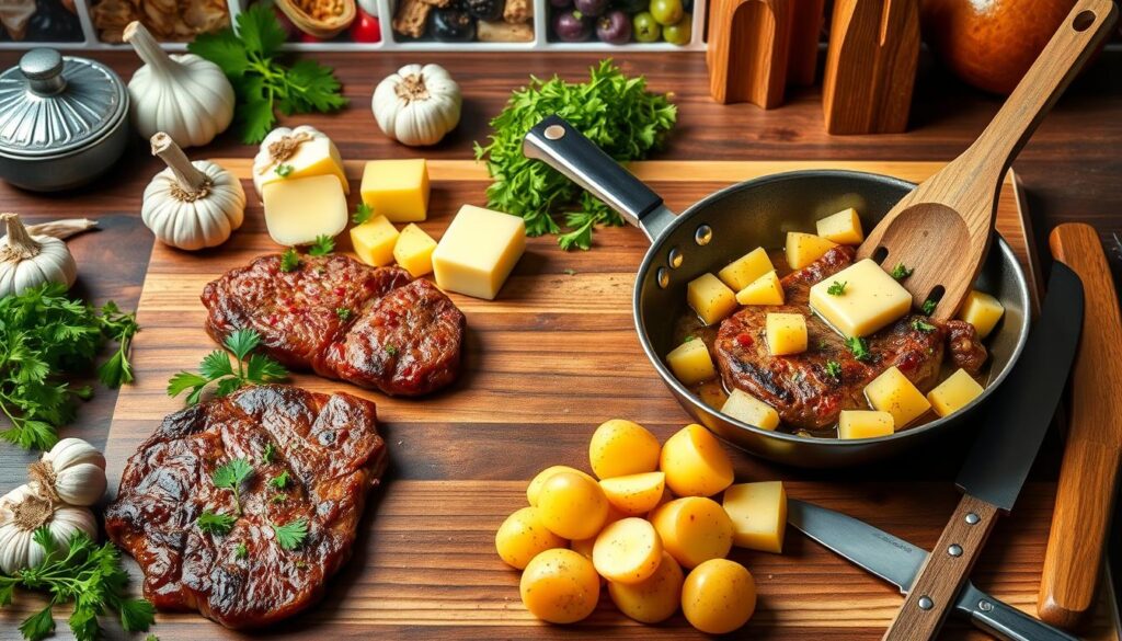 step-by-step recipe for garlic butter steak and potatoes